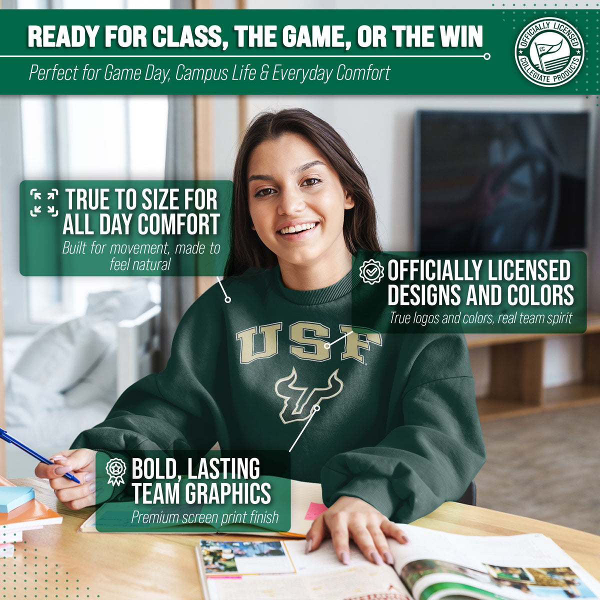 USF Bulls Adult Arch & Logo Soft Style Gameday Crewneck Sweatshirt - Green