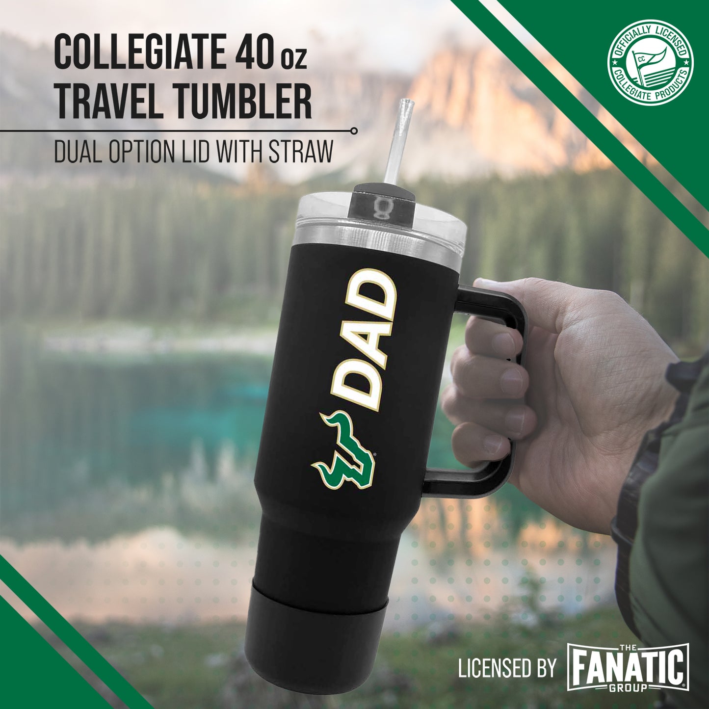 USF Bulls Collegiate 40oz Stainless Steel Travel Tumbler with Handle for Dad - Black