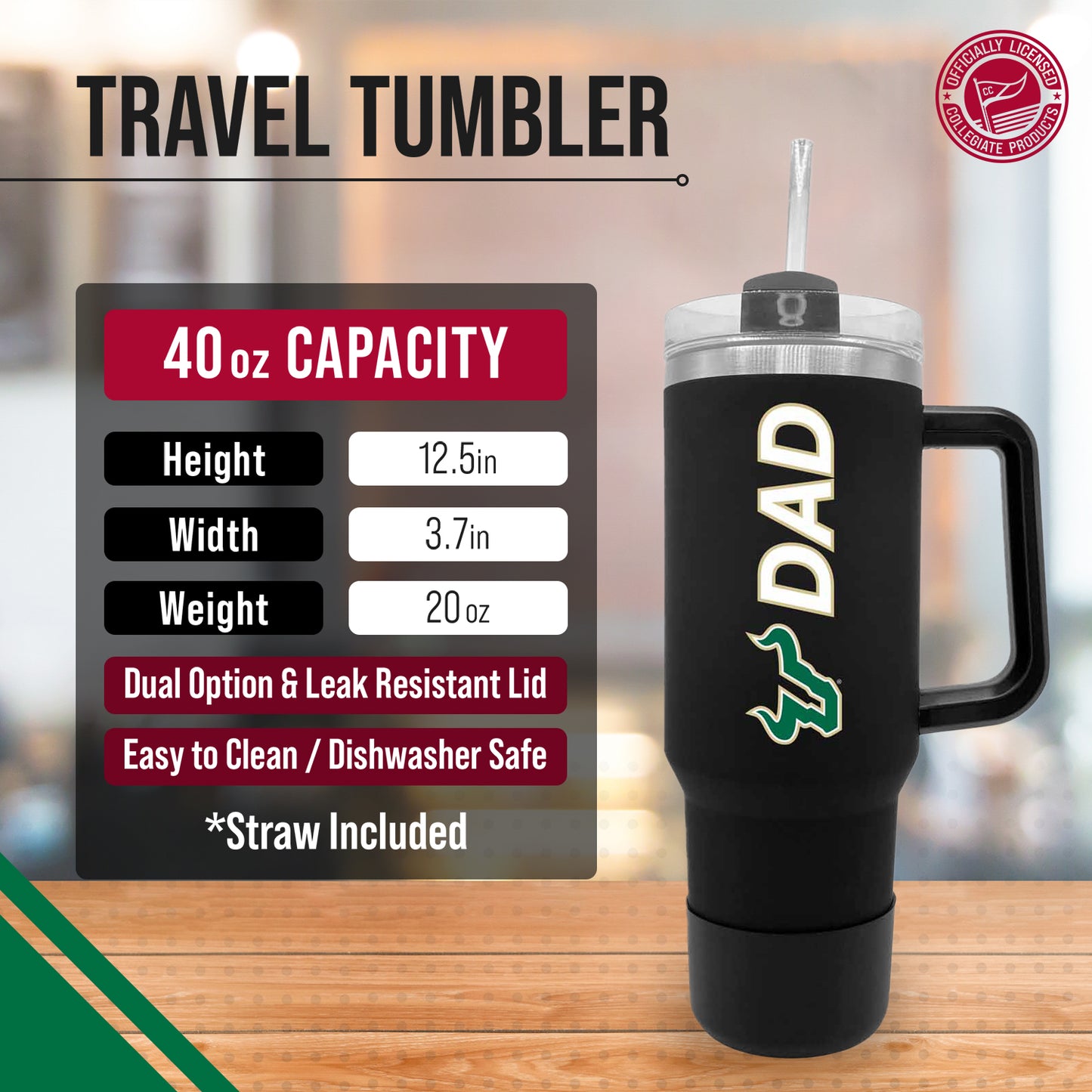 USF Bulls Collegiate 40oz Stainless Steel Travel Tumbler with Handle for Dad - Black
