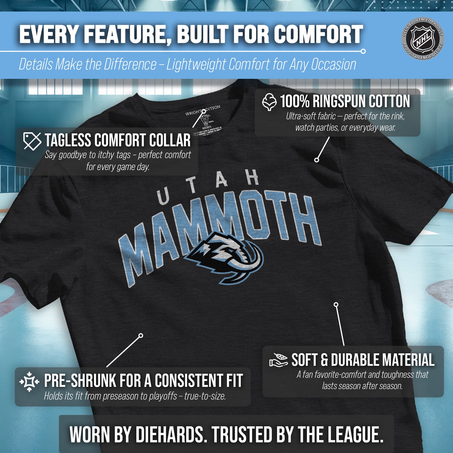Utah Mammoth NHL Adult Powerplay Heathered Unisex T-Shirt - Black Heather