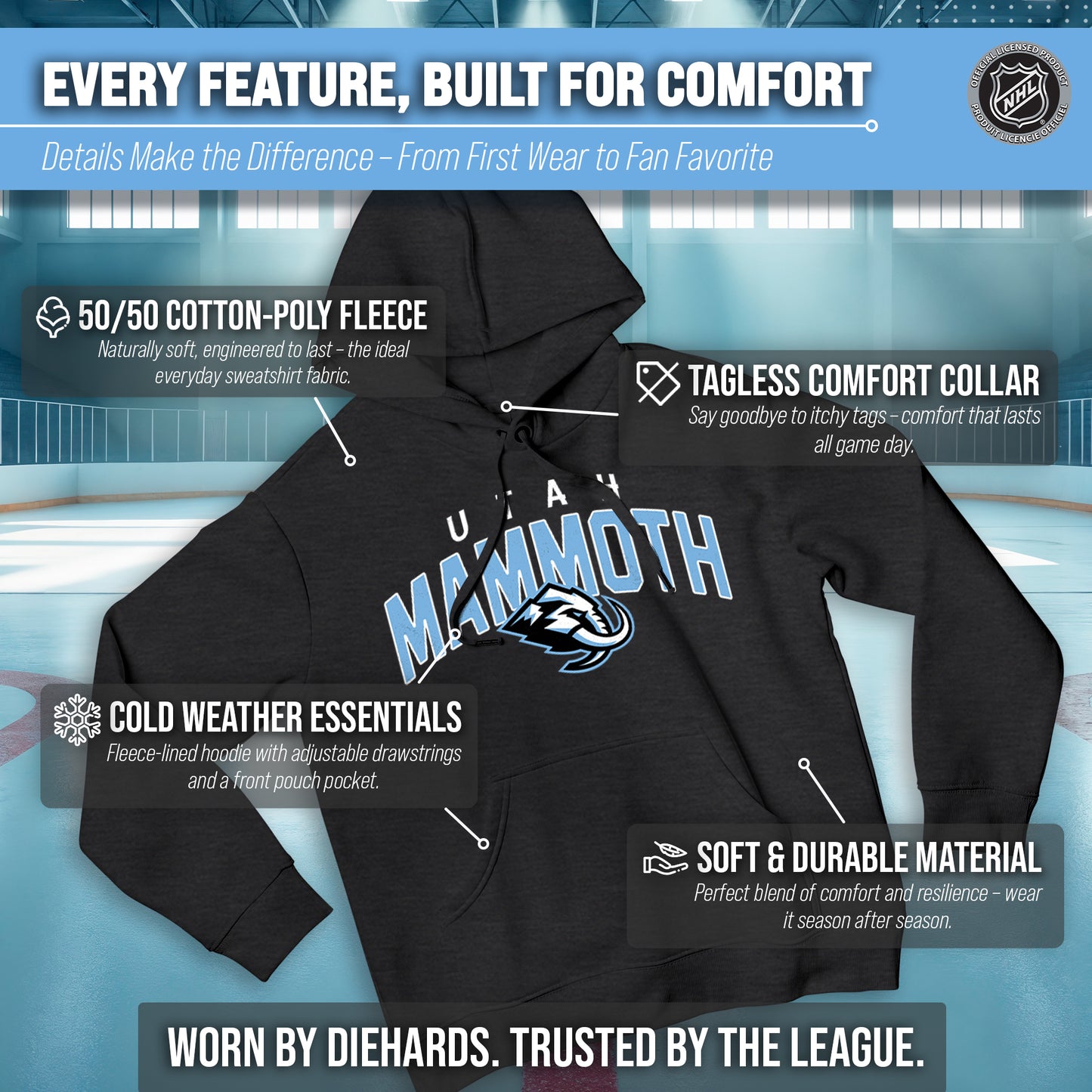 Utah Mammoth NHL Adult Unisex Powerplay Hooded Sweatshirt - Black Heather