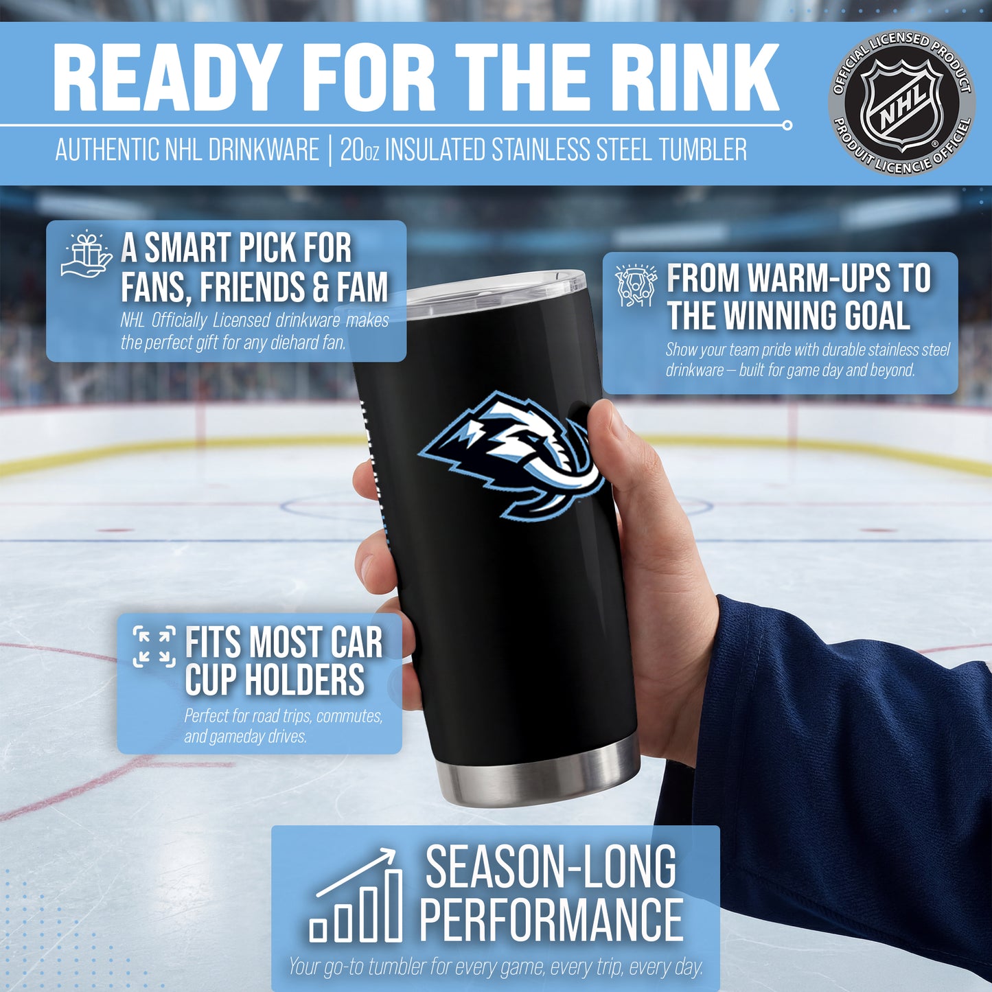Utah Mammoth NHL Hockey 20oz Stainless Steel Vacuum Insulated Game Day Tumbler with Silicone Grip - Black