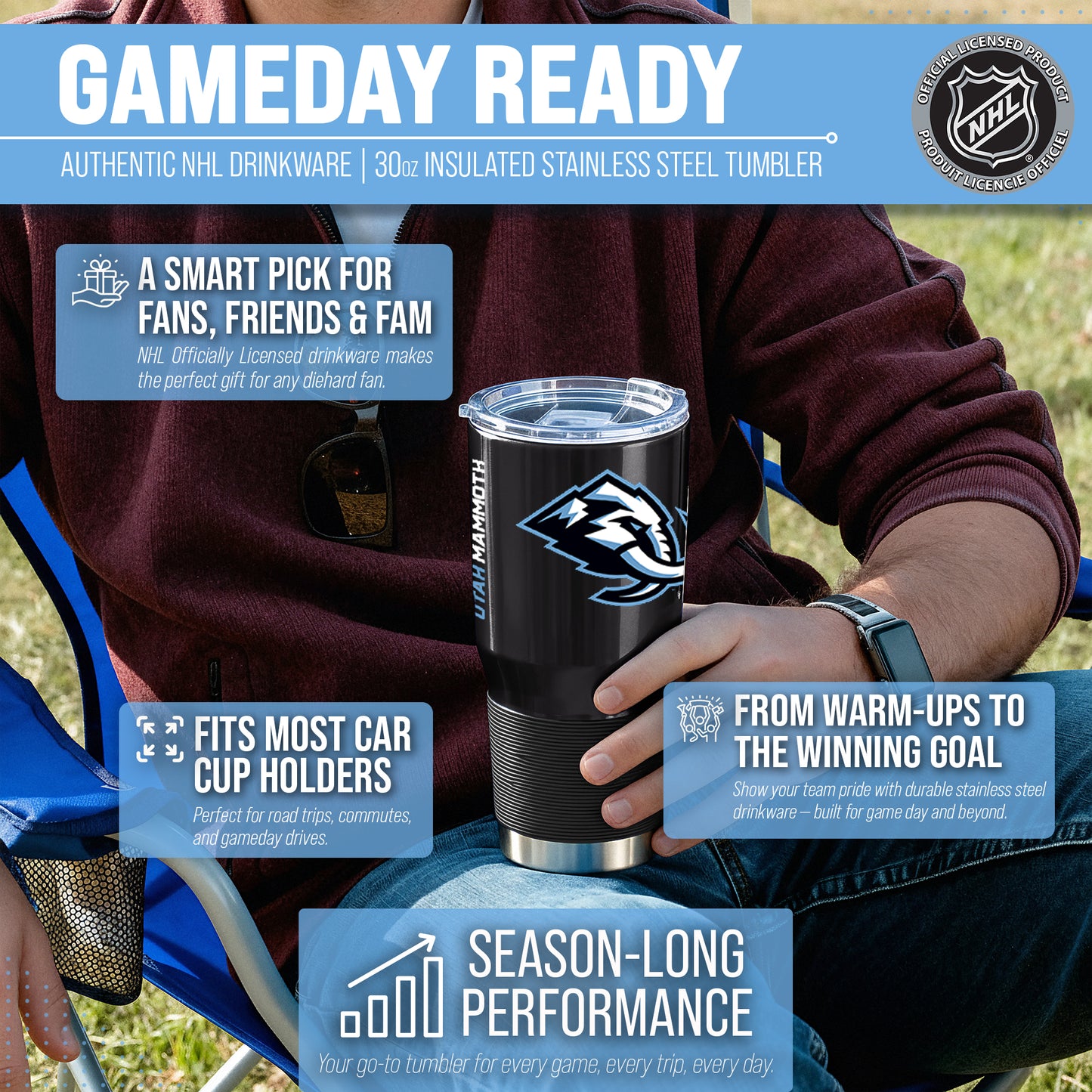 Utah Mammoth NHL Hockey 30oz Stainless Steel Vacuum Insulated Game Day Tumbler with Silicone Grip - Black