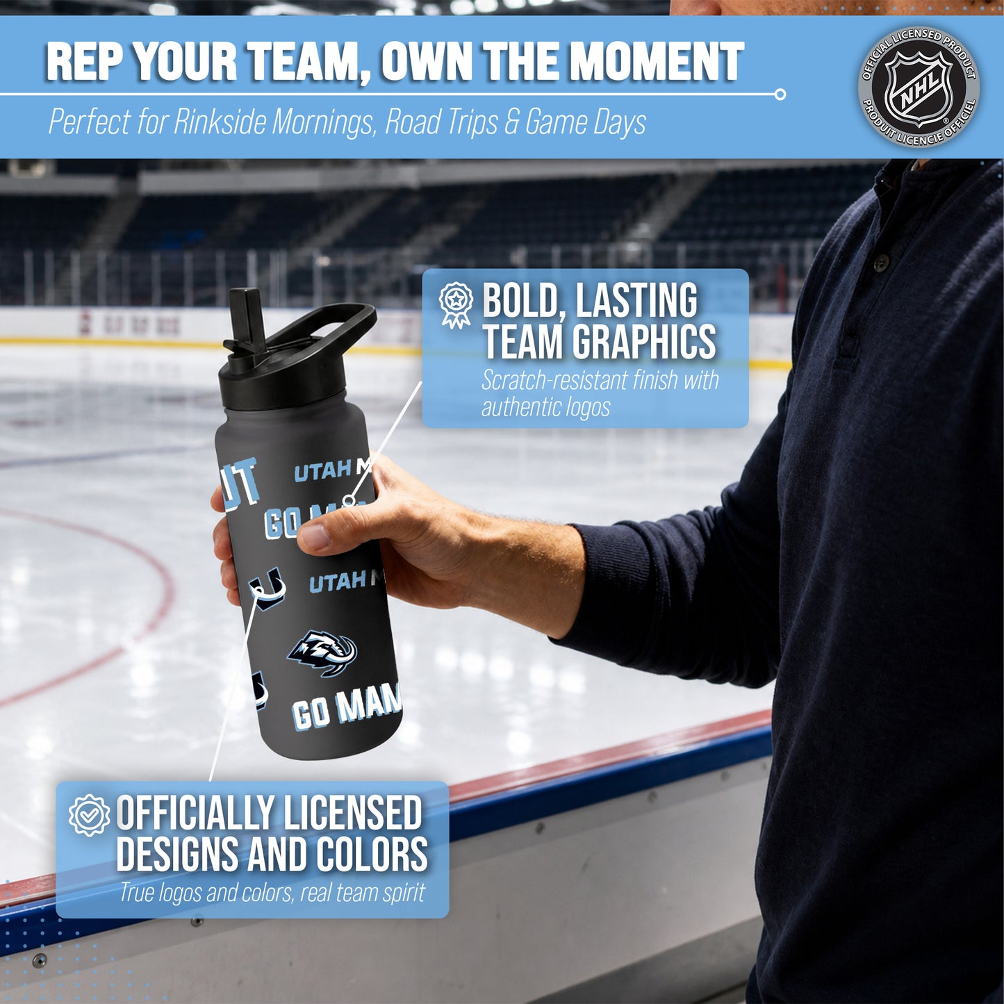 Utah Mammoth NHL Hockey 34oz Stainless Steel Vacuum Insulated Game Day Water Bottle with Flip Straw Lid and Handle - Black