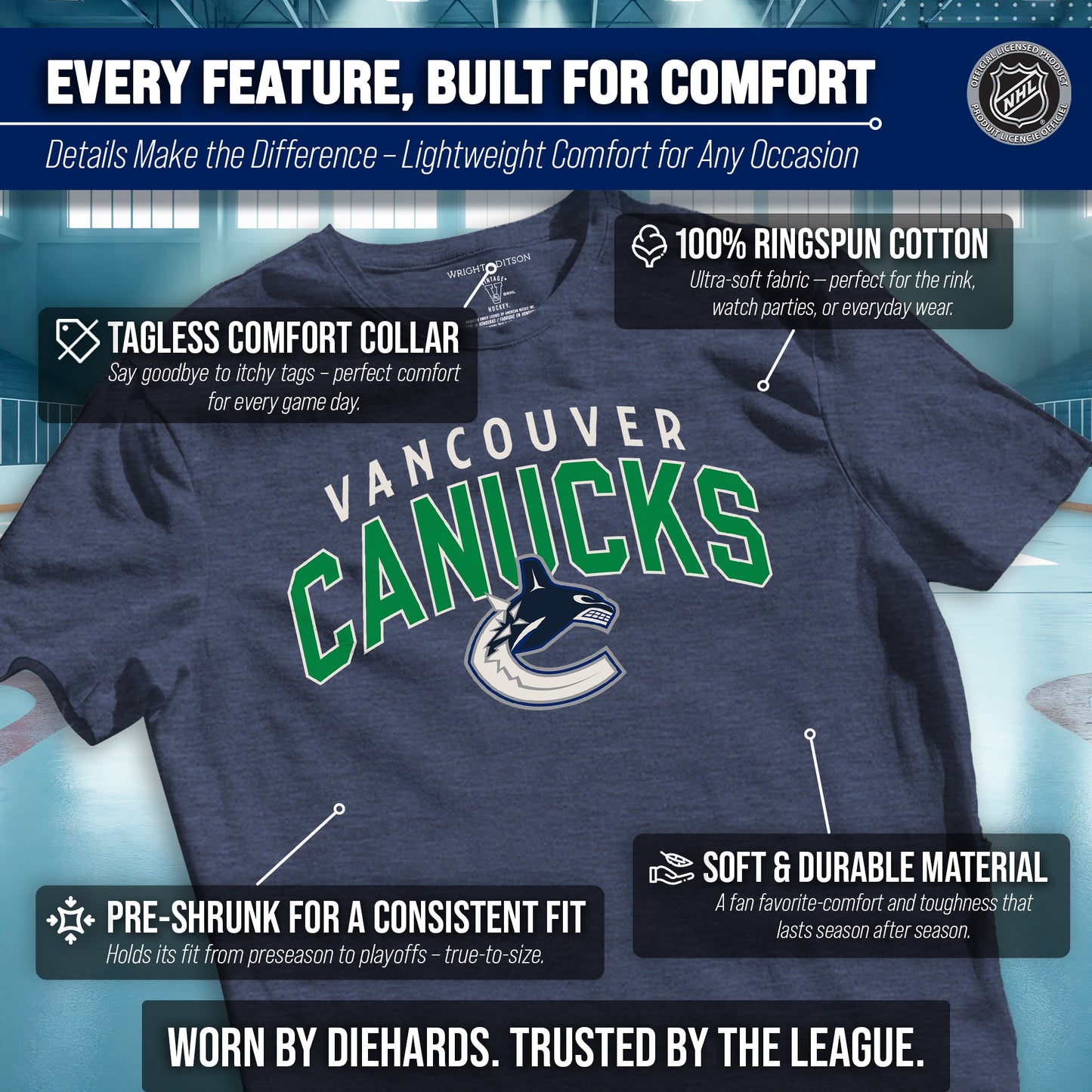 Vancouver Canucks NHL Adult Powerplay Heathered Unisex T-Shirt - Navy