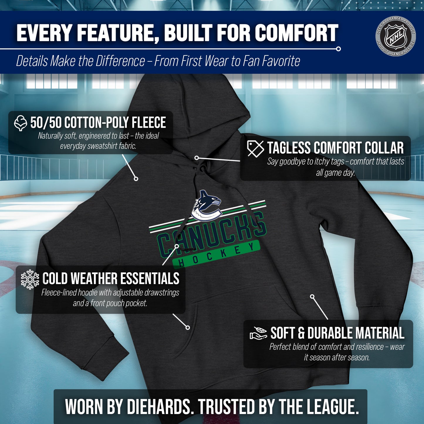 Vancouver Canucks NHL Adult Heather Charcoal True Fan Hooded Sweatshirt Unisex - Charcoal