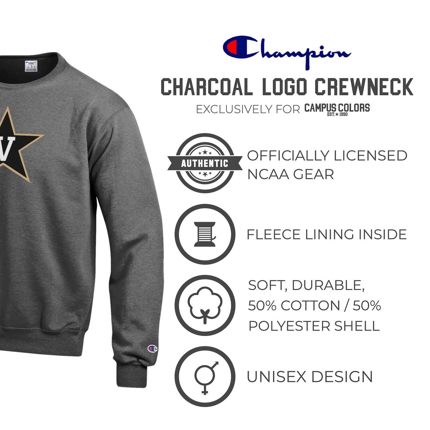 Vanderbilt Commodores Adult Mascot Fleece Crewneck - Charcoal