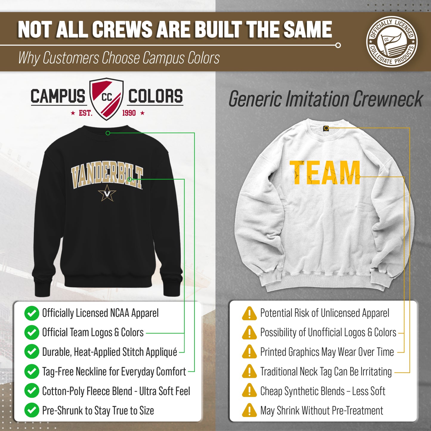 Vanderbilt Commodores Adult Tackle Twill Crewneck - Black