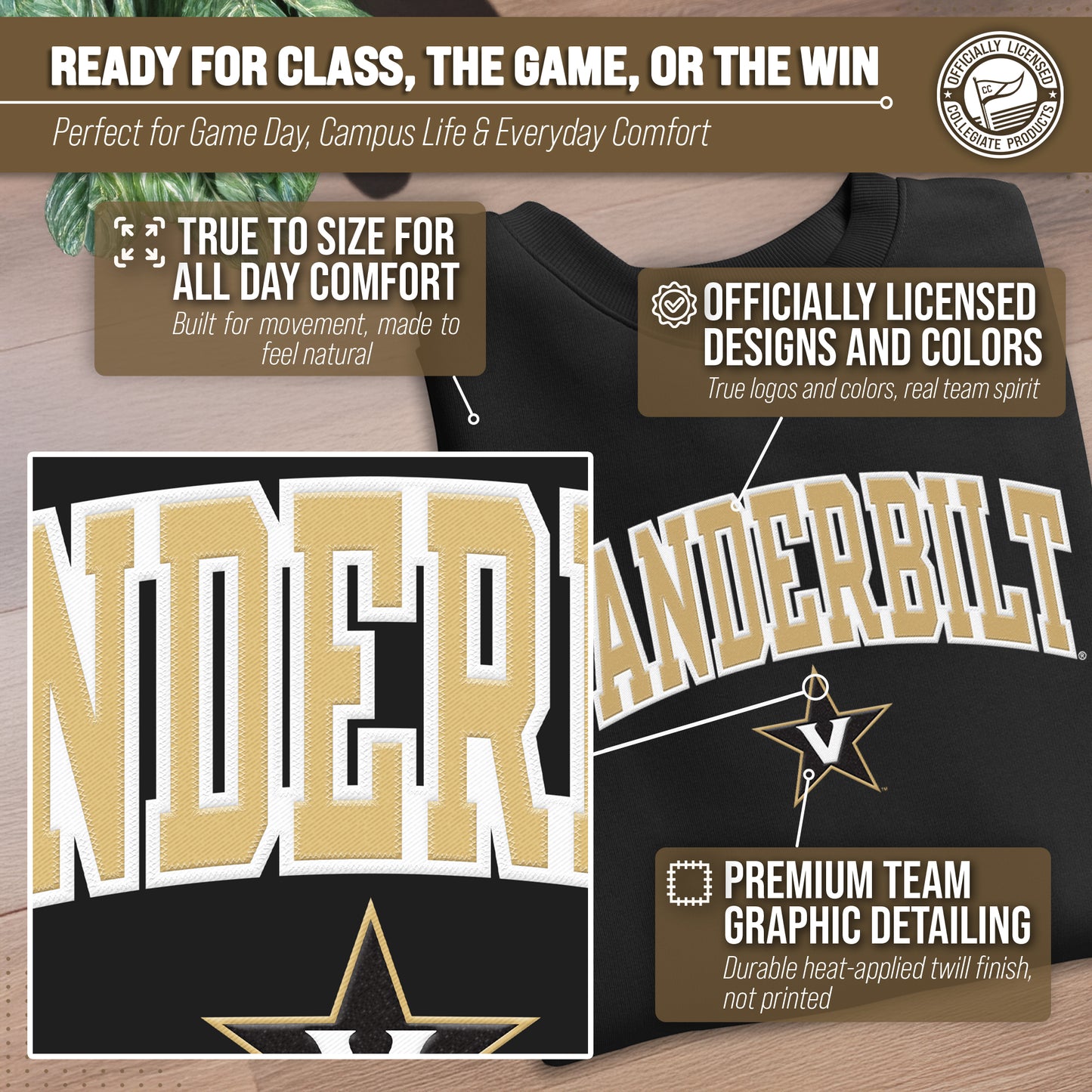 Vanderbilt Commodores Adult Tackle Twill Crewneck - Black