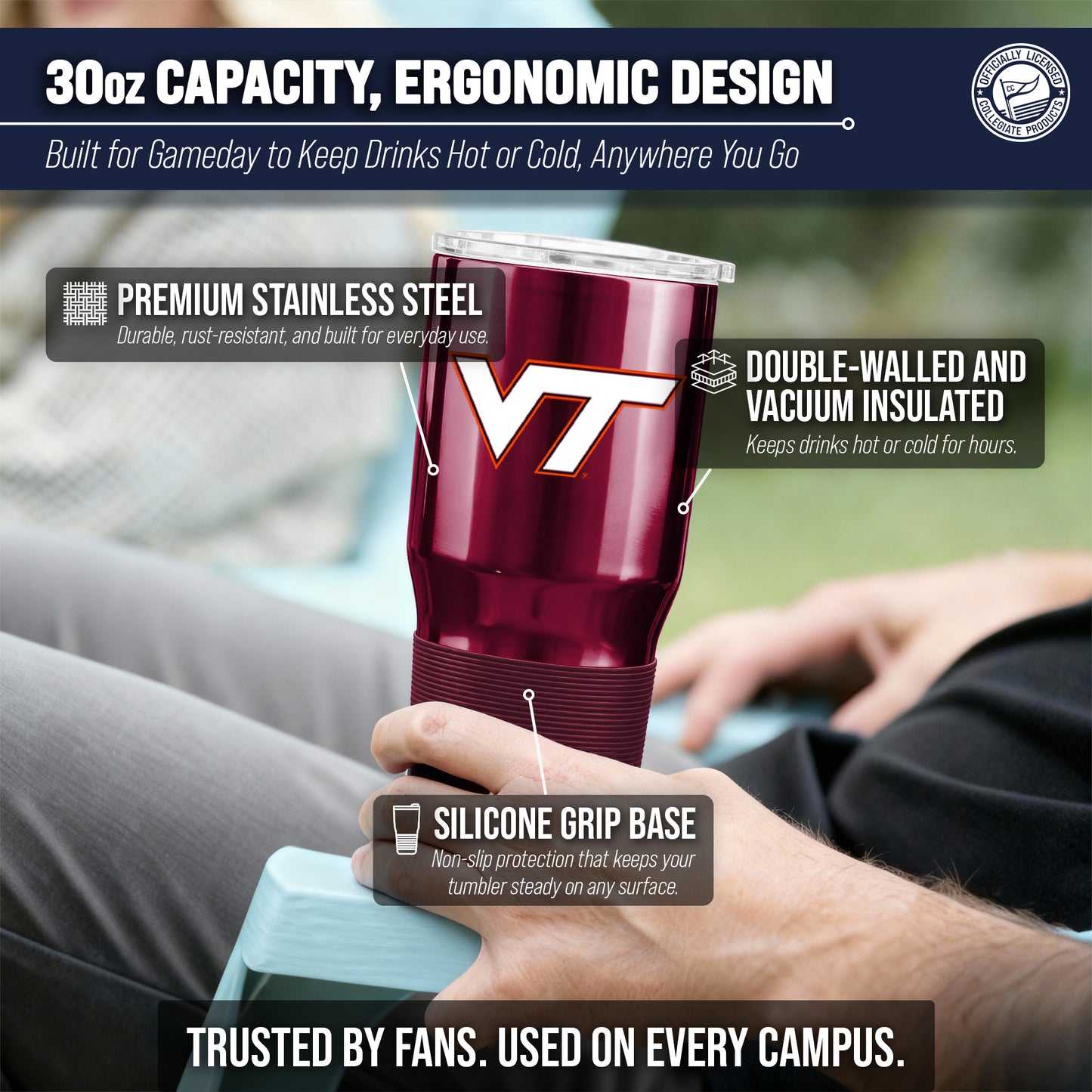 Virginia Tech Hokies NCAA University 30oz Stainless Steel Vacuum Insulated Game Day Tumbler with Silicone Grip - Maroon