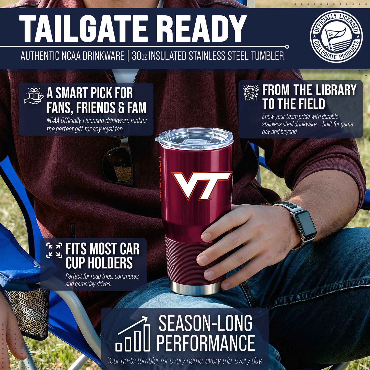 Virginia Tech Hokies NCAA University 30oz Stainless Steel Vacuum Insulated Game Day Tumbler with Silicone Grip - Maroon