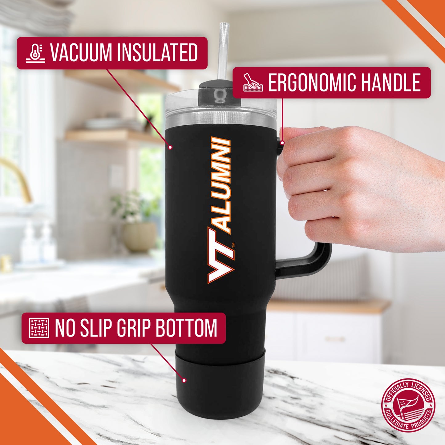 Virginia Tech Hokies Collegiate 40oz Stainless Steel Travel Tumbler with Handle for Alumni - Black
