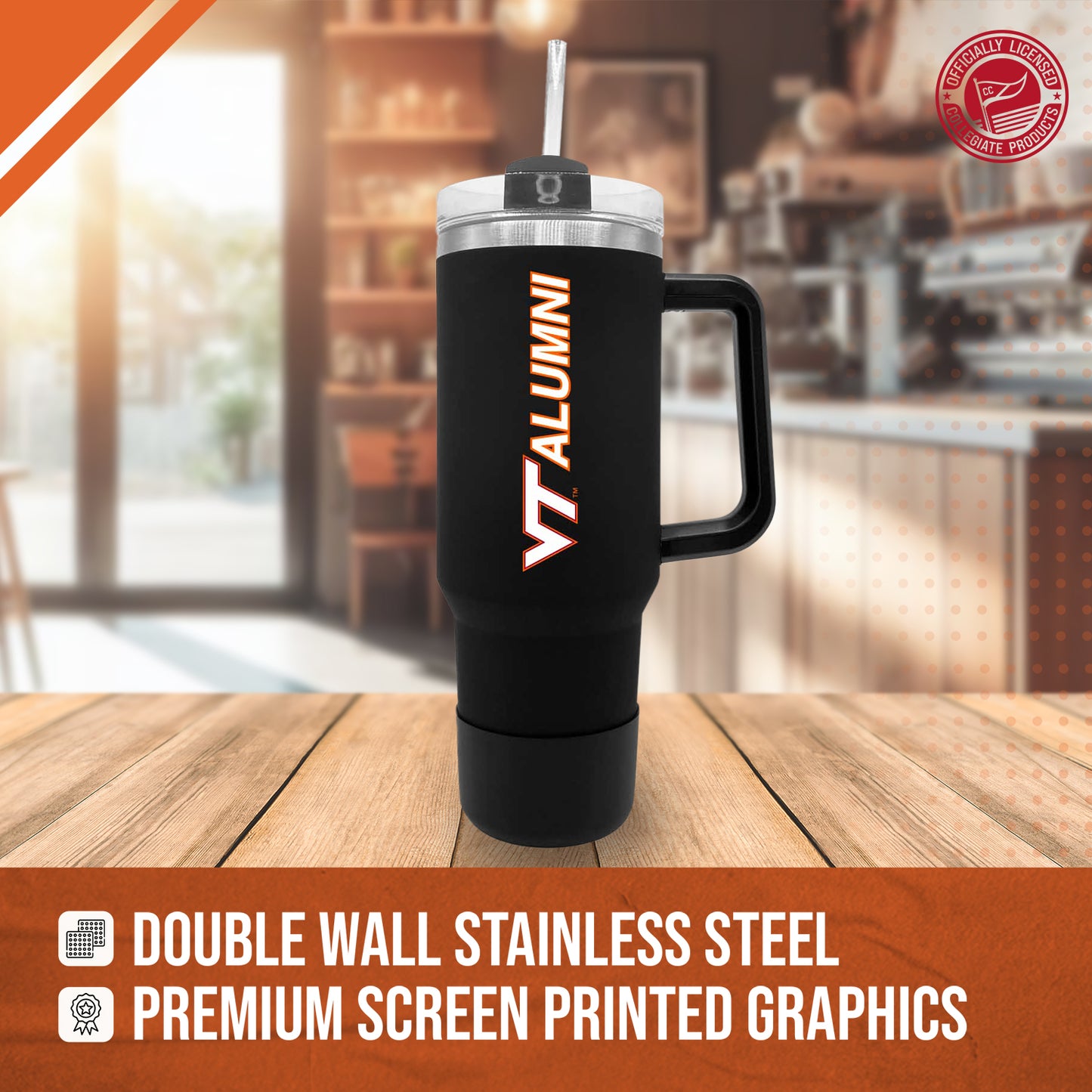 Virginia Tech Hokies Collegiate 40oz Stainless Steel Travel Tumbler with Handle for Alumni - Black