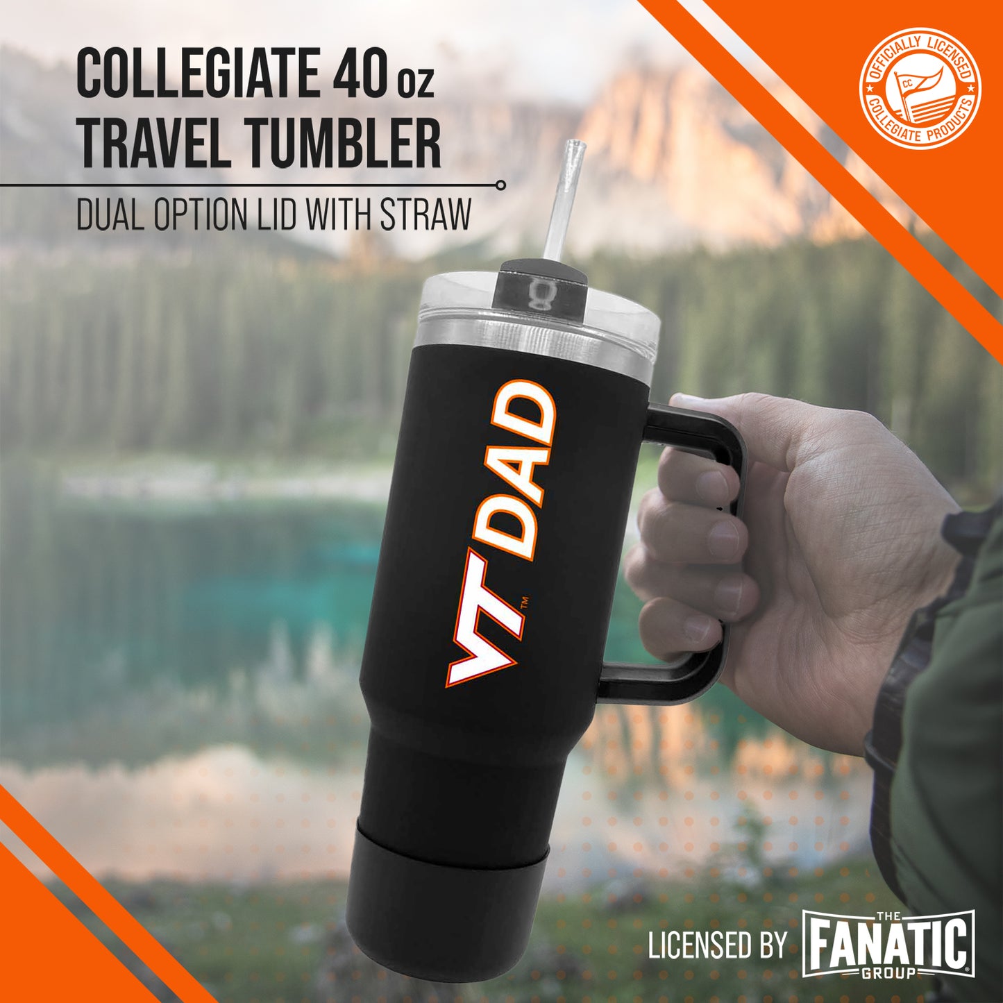 Virginia Tech Hokies Collegiate 40oz Stainless Steel Travel Tumbler with Handle for Dad - Black