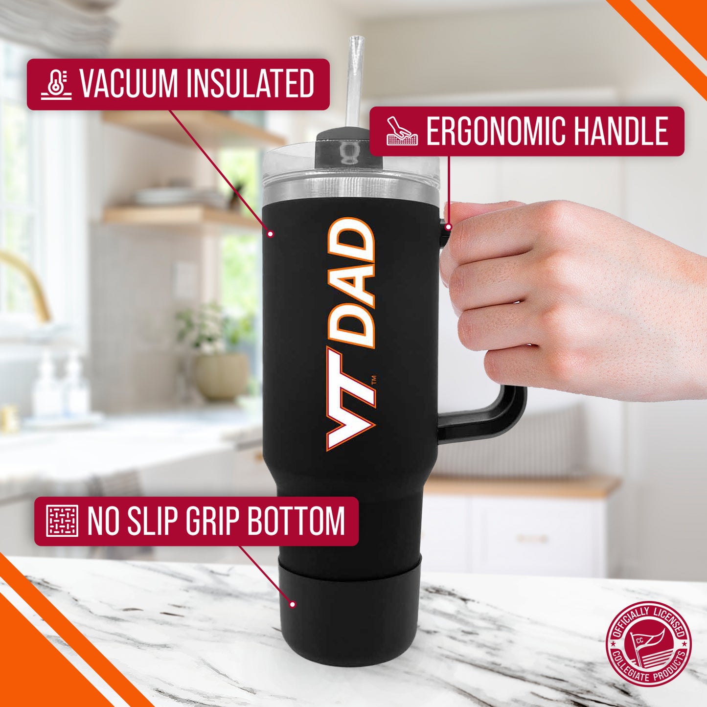 Virginia Tech Hokies Collegiate 40oz Stainless Steel Travel Tumbler with Handle for Dad - Black