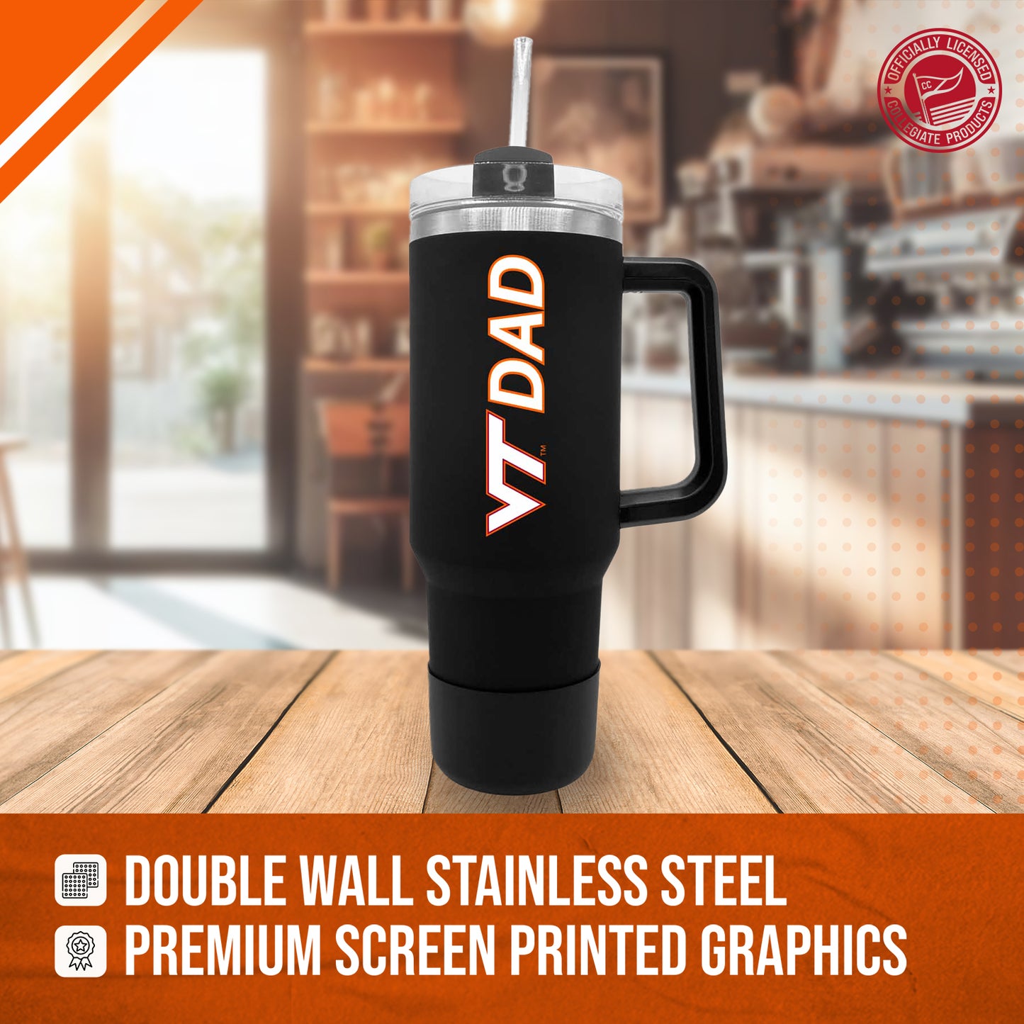 Virginia Tech Hokies Collegiate 40oz Stainless Steel Travel Tumbler with Handle for Dad - Black