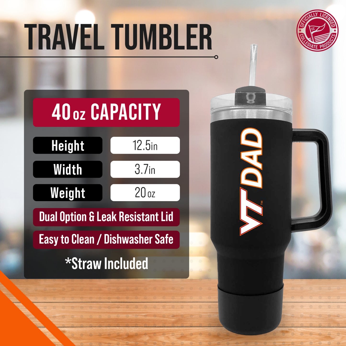 Virginia Tech Hokies Collegiate 40oz Stainless Steel Travel Tumbler with Handle for Dad - Black