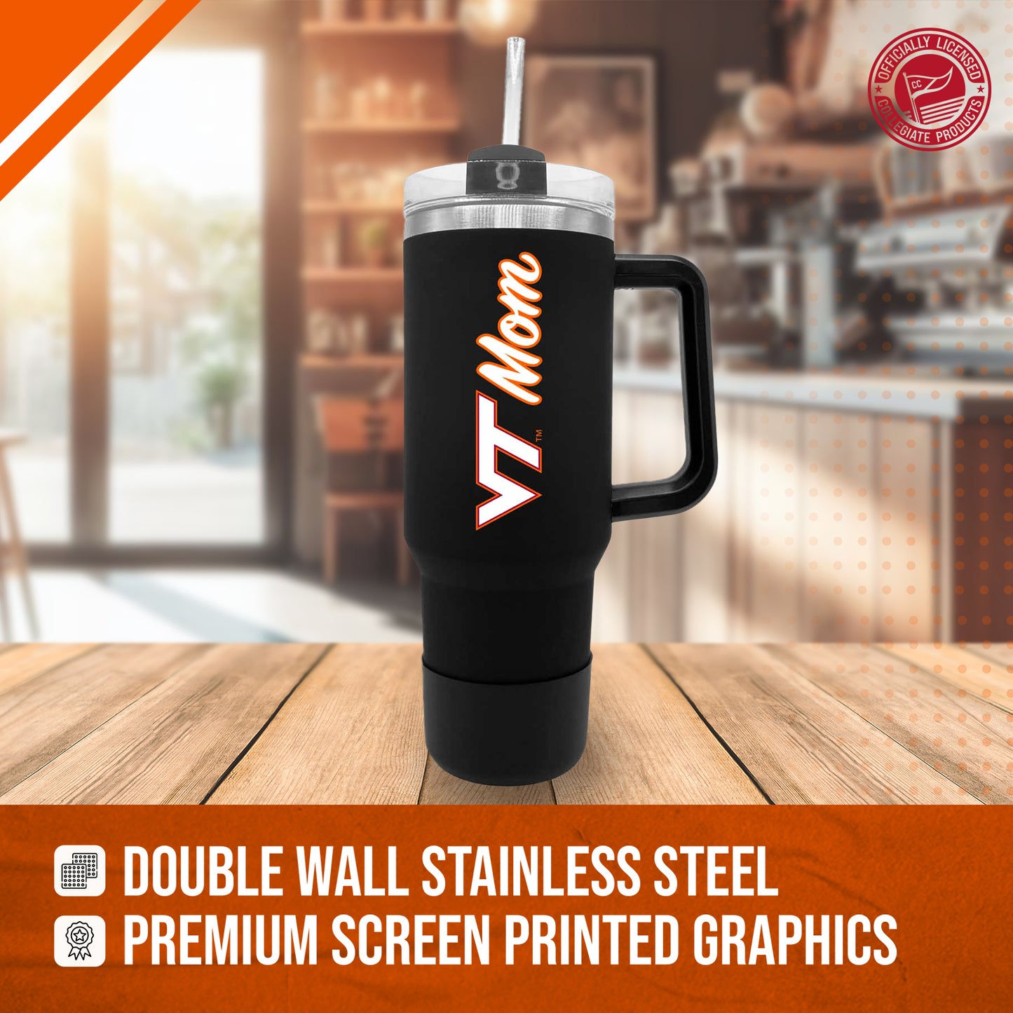 Virginia Tech Hokies Collegiate 40oz Stainless Steel Travel Tumbler with Handle for Mom - Black