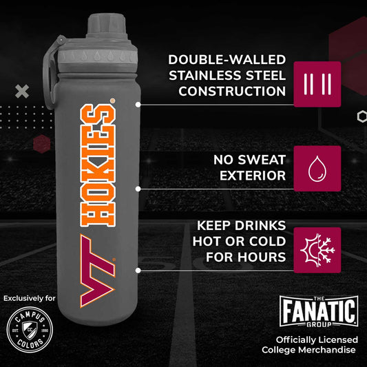 Virginia Tech Hokies  Stainless Steel Water Bottle 24 oz Insulated - Sport Gray