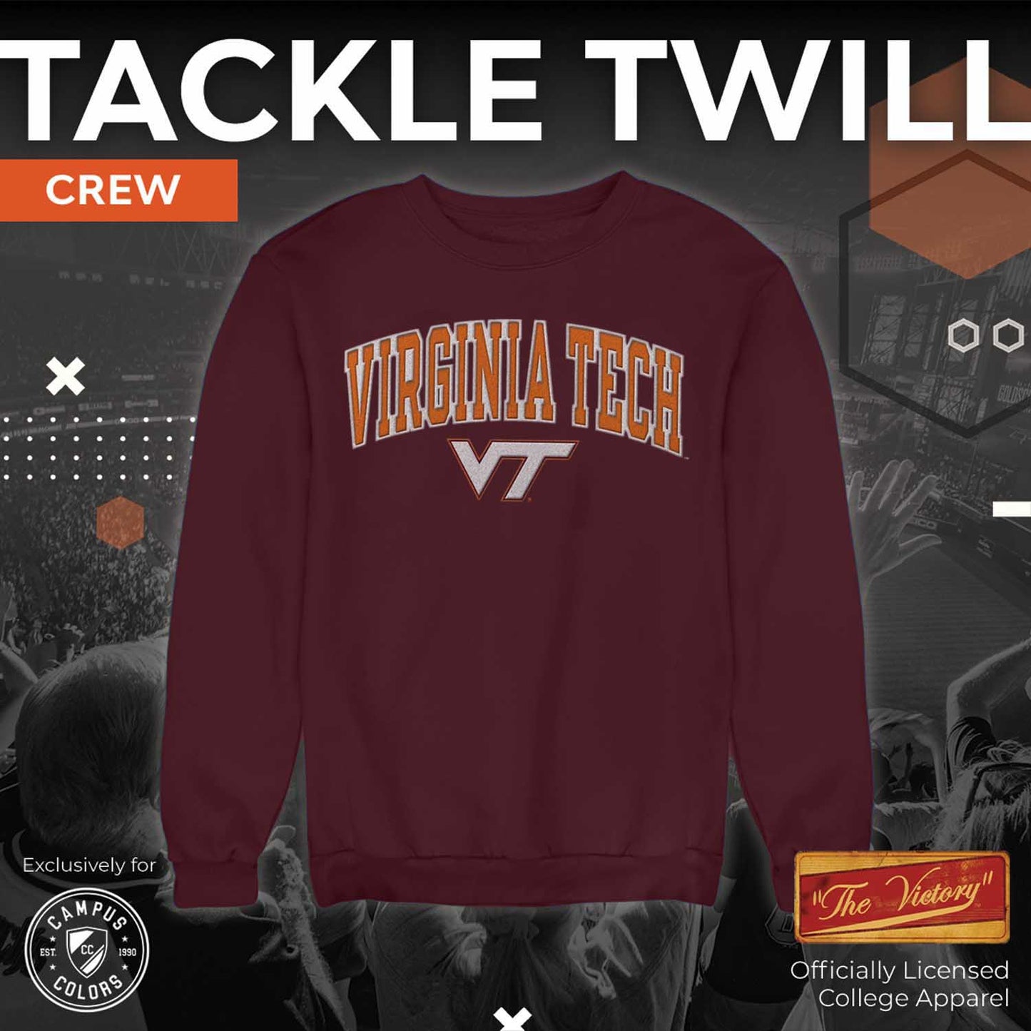 Virginia Tech Hokies NCAA Adult Tackle Twill Crewneck Sweatshirt - Maroon