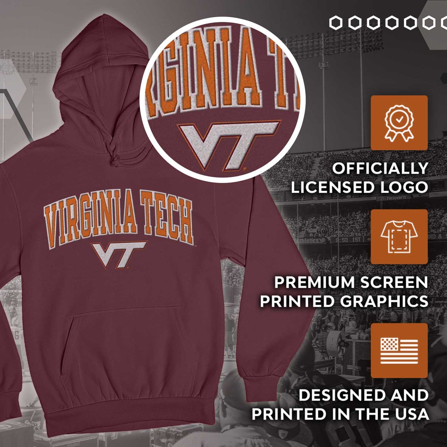 Virginia Tech Hokies NCAA Adult Tackle Twill Hooded Sweatshirt - Maroon