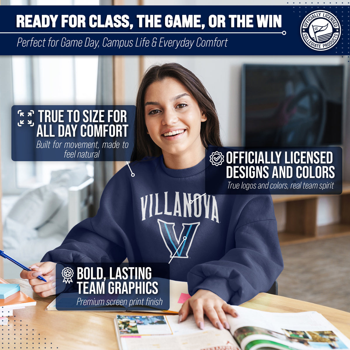 Villanova Wildcats Adult Arch & Logo Soft Style Gameday Crewneck Sweatshirt - Navy