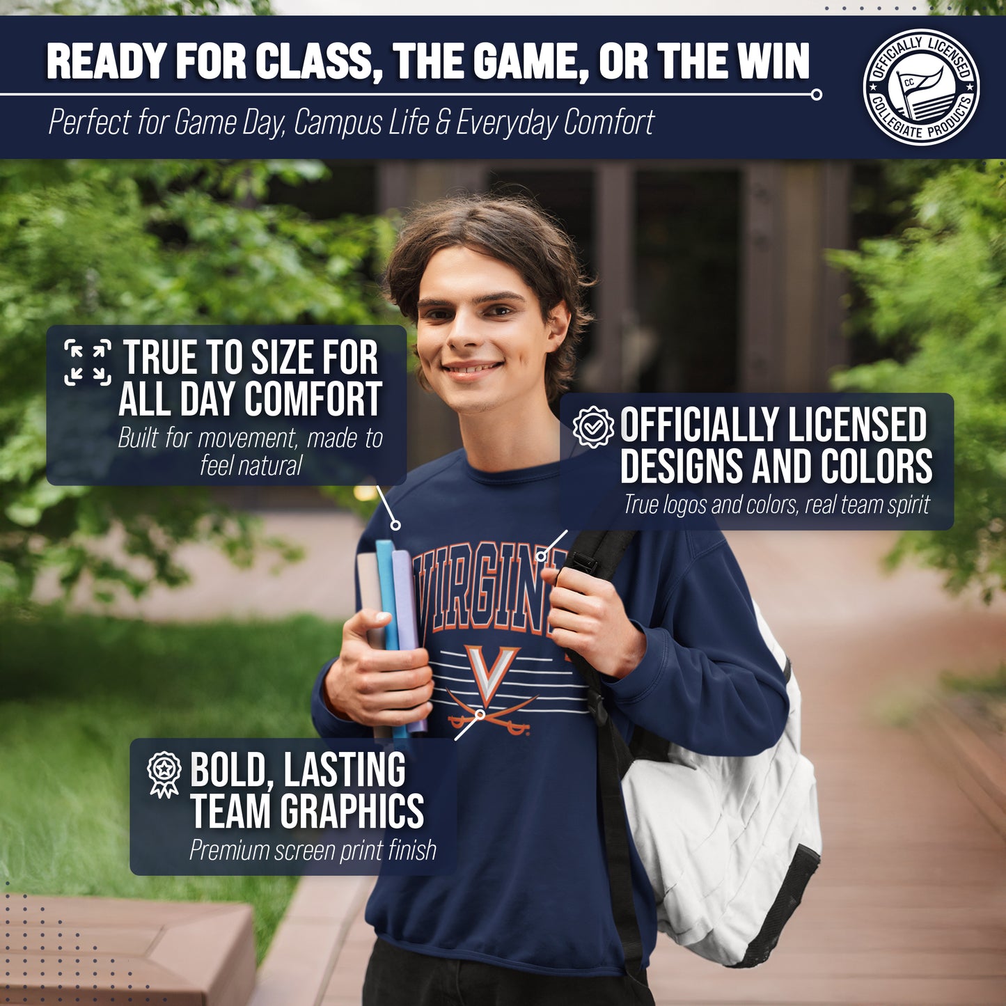 Virginia Cavaliers NCAA Adult Unisex Overtime Classics Crewneck Fleece Sweatshirt - Navy