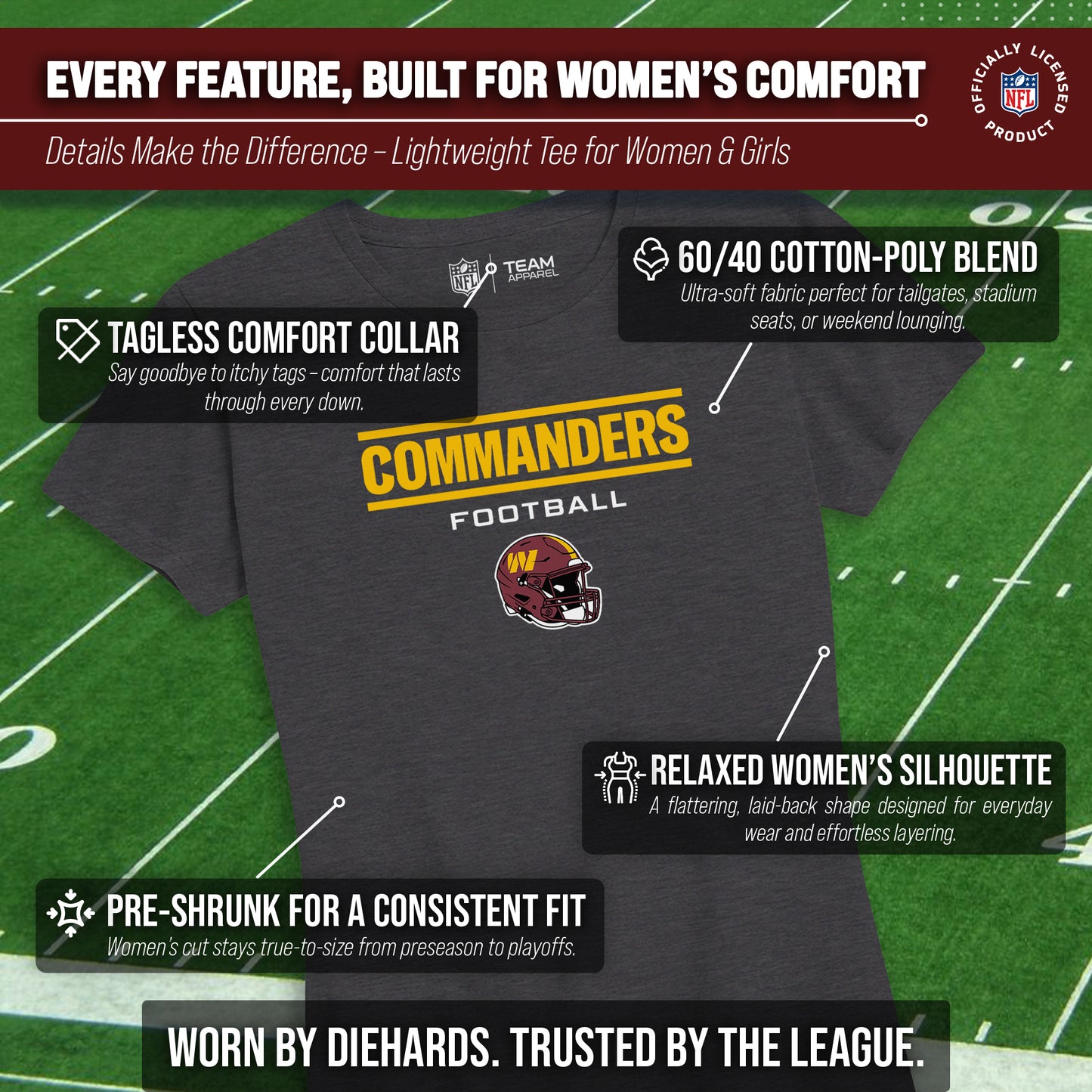 Washington Commanders Women's NFL Football Helmet Short Sleeve Tagless T-Shirt - Charcoal