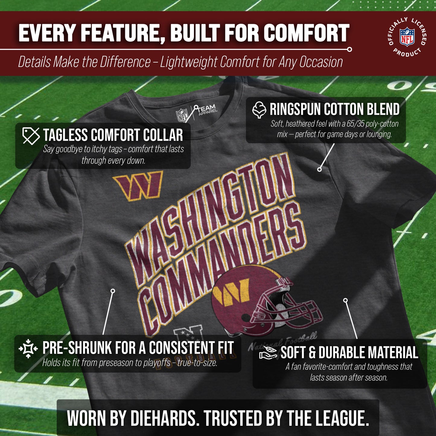 Washington Commanders NFL Adult Distressed Helmet Tag-Less T-Shirt - Heather Charcoal