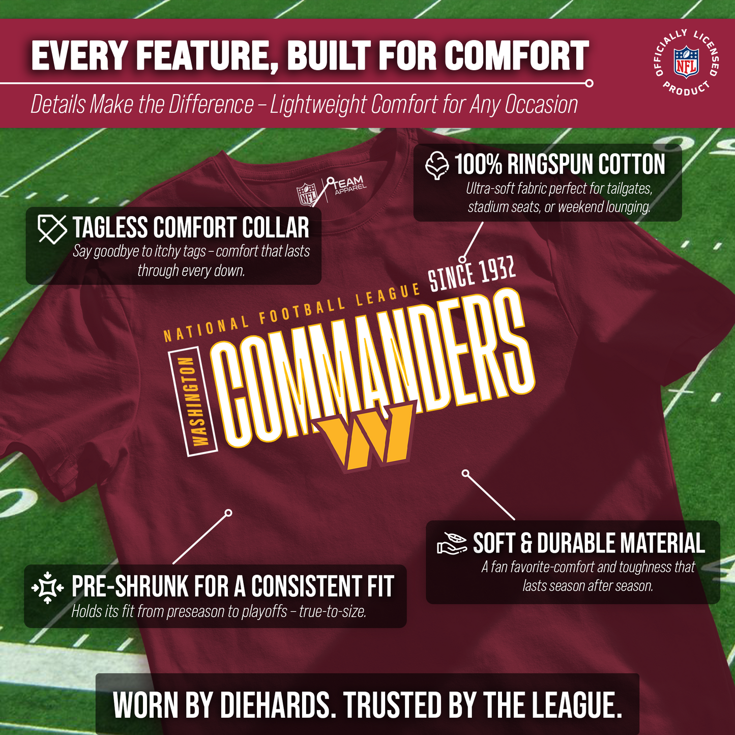 Washington Commanders NFL Adult Modern Endzone Tag-Less T-Shirt - Garnet