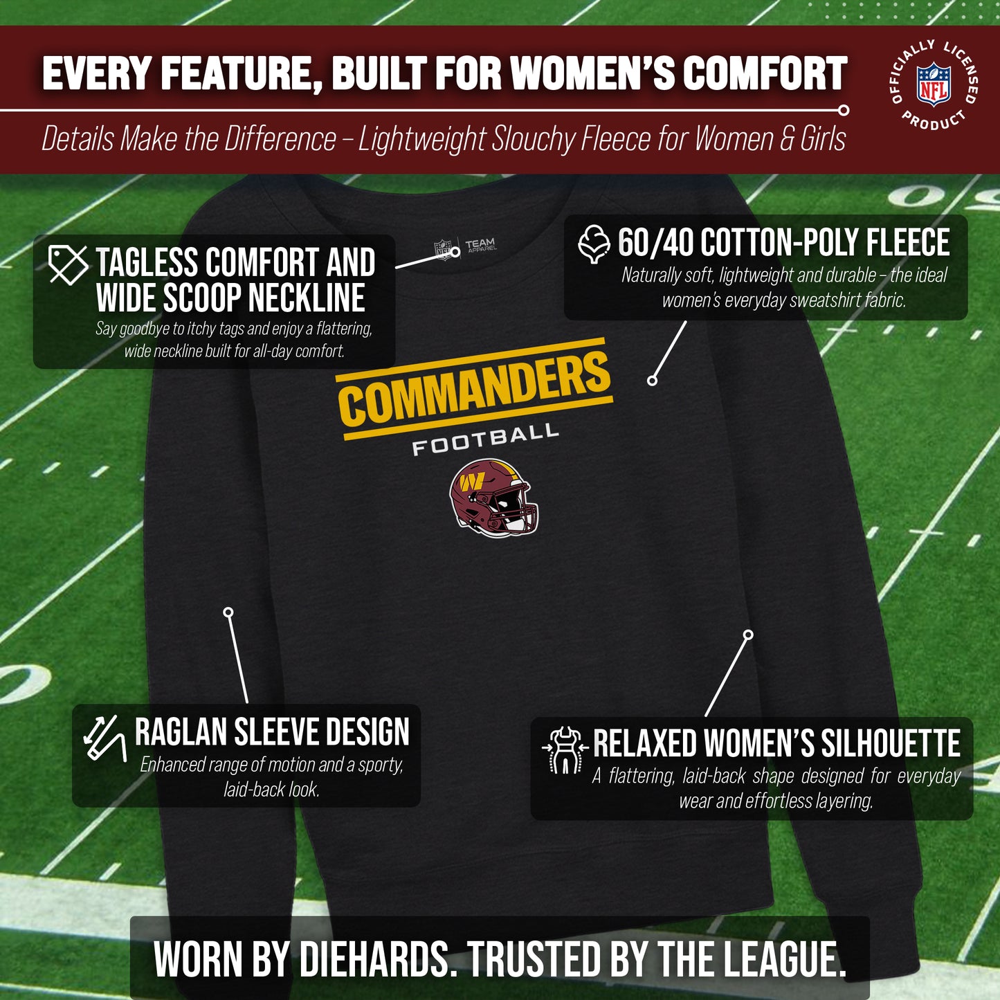 Washington Commanders NFL Womens Helmet French Terry Slouchy Top - Charcoal
