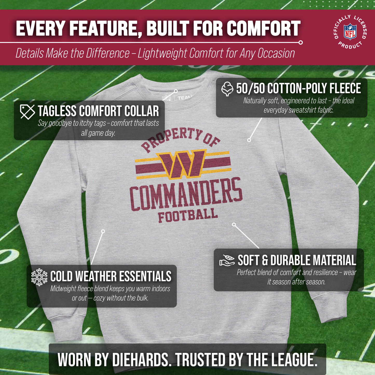 Washington Commanders NFL Adult Property Of Crewneck Fleece Sweatshirt - Sport Gray