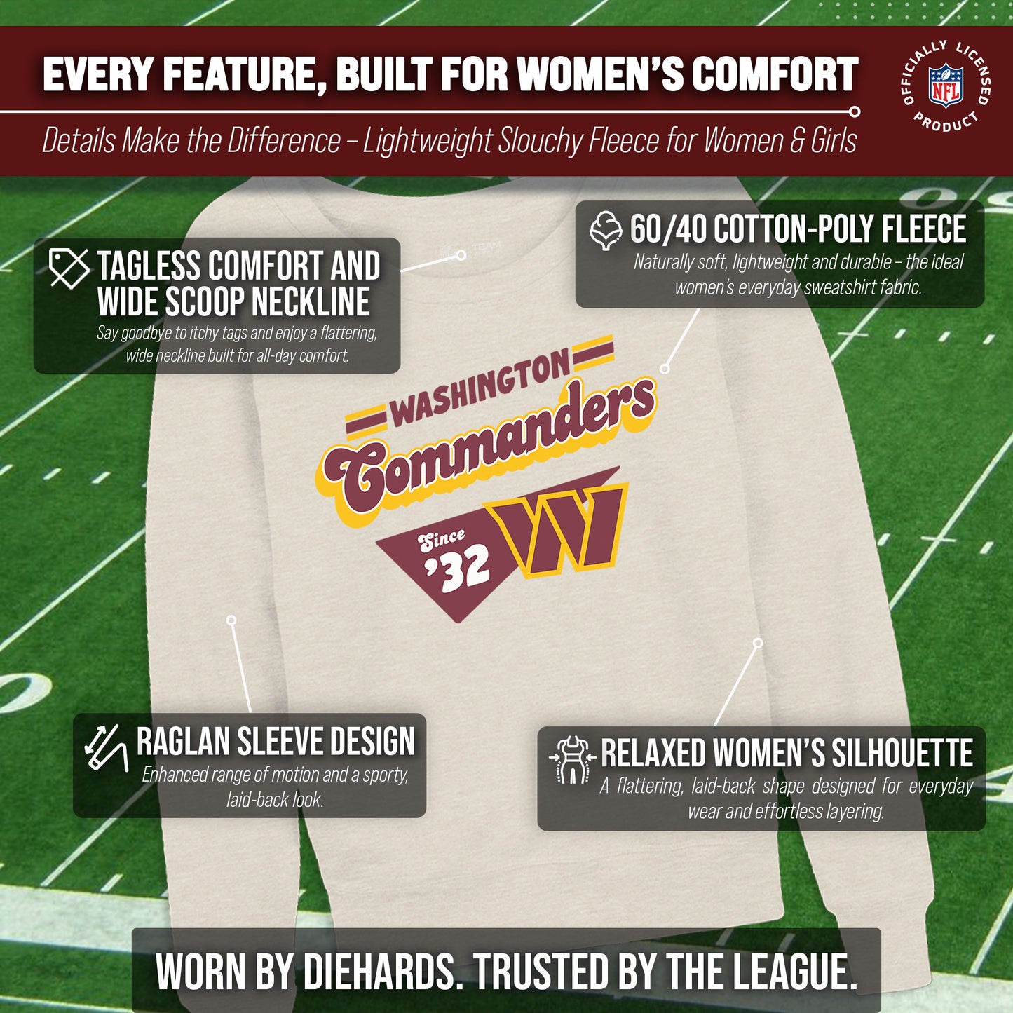 Washington Commanders NFL Womens Vintage Charm French Terry Slouchy Top - Birch
