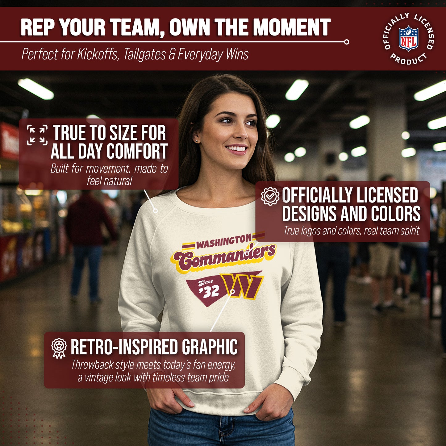 Washington Commanders NFL Womens Vintage Charm French Terry Slouchy Top - Birch