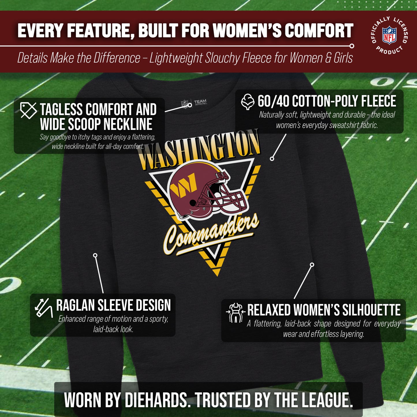 Washington Commanders NFL Womens Retro Triangle French Terry Slouchy Top- Raglan Sleeves - Heather Charcoal