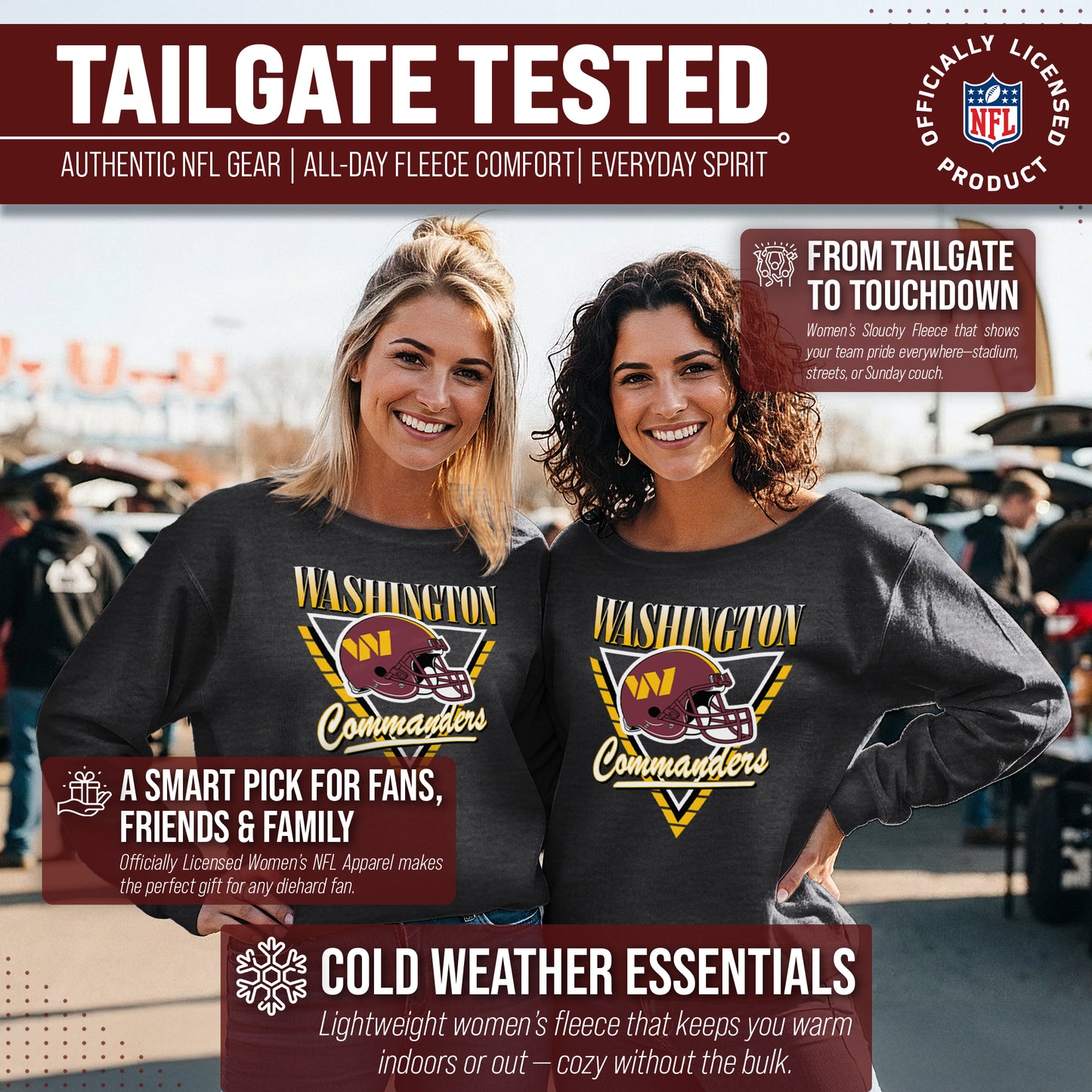 Washington Commanders NFL Womens Retro Triangle French Terry Slouchy Top- Raglan Sleeves - Heather Charcoal