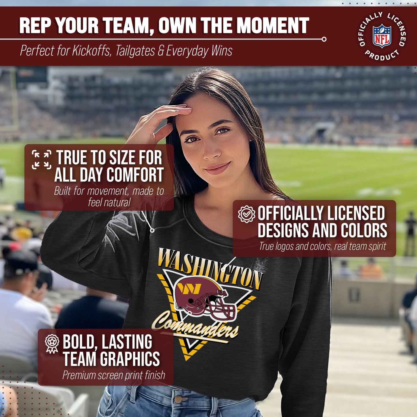 Washington Commanders NFL Womens Retro Triangle French Terry Slouchy Top- Raglan Sleeves - Heather Charcoal