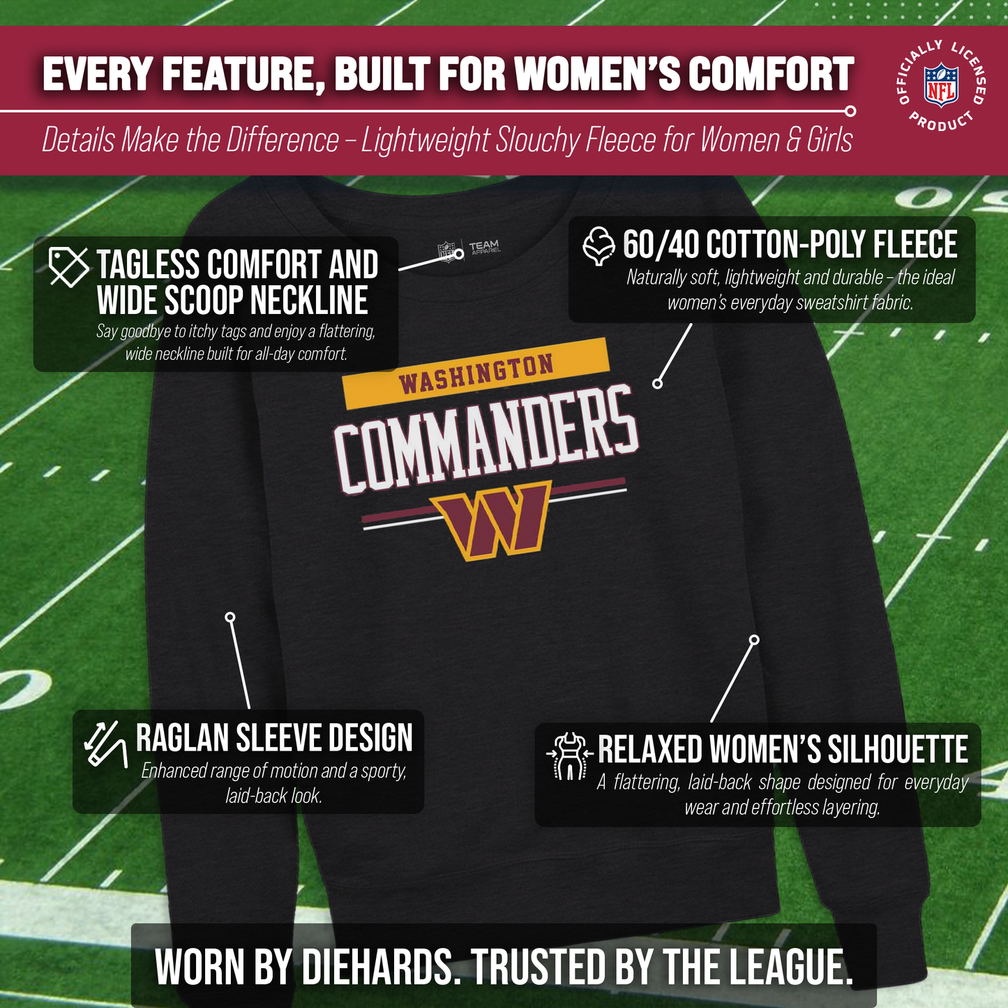 Washington Commanders NFL Womens Team Block French Terry Slouchy Top - Charcoal