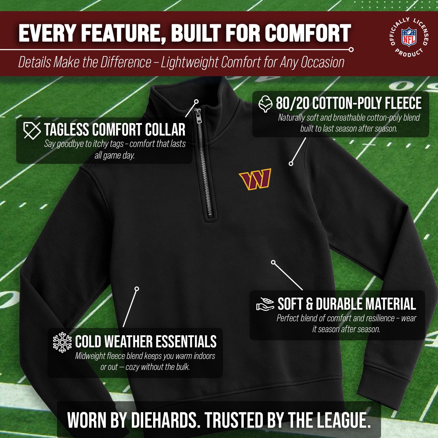 Washington Commanders NFL Adult Unisex Team Logo Quarter Zip Pullover Sweatshirt - Black