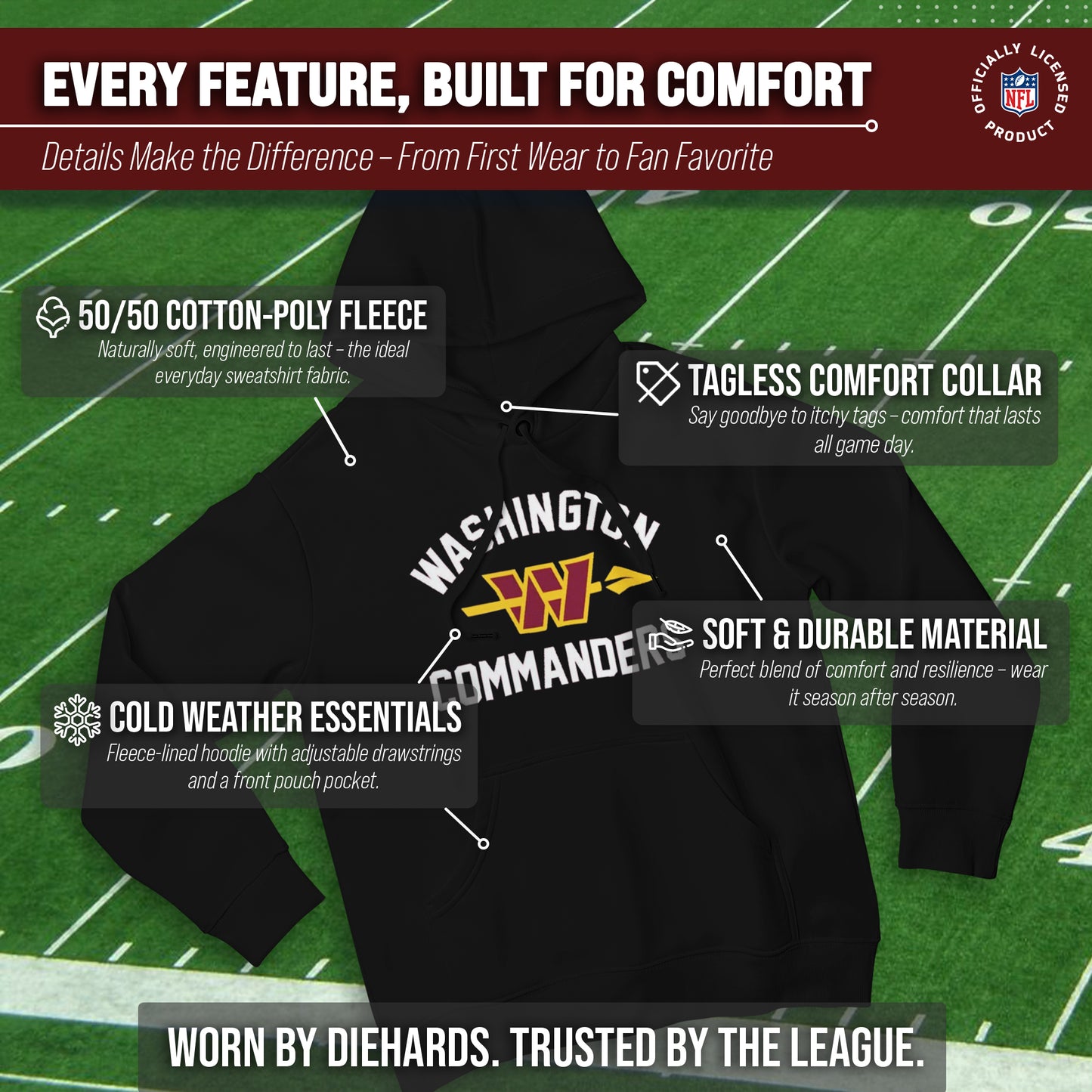 Washington Commanders NFL Adult Unisex Retro Gameday Ultra Soft Fleece Hooded Sweatshirt - Black