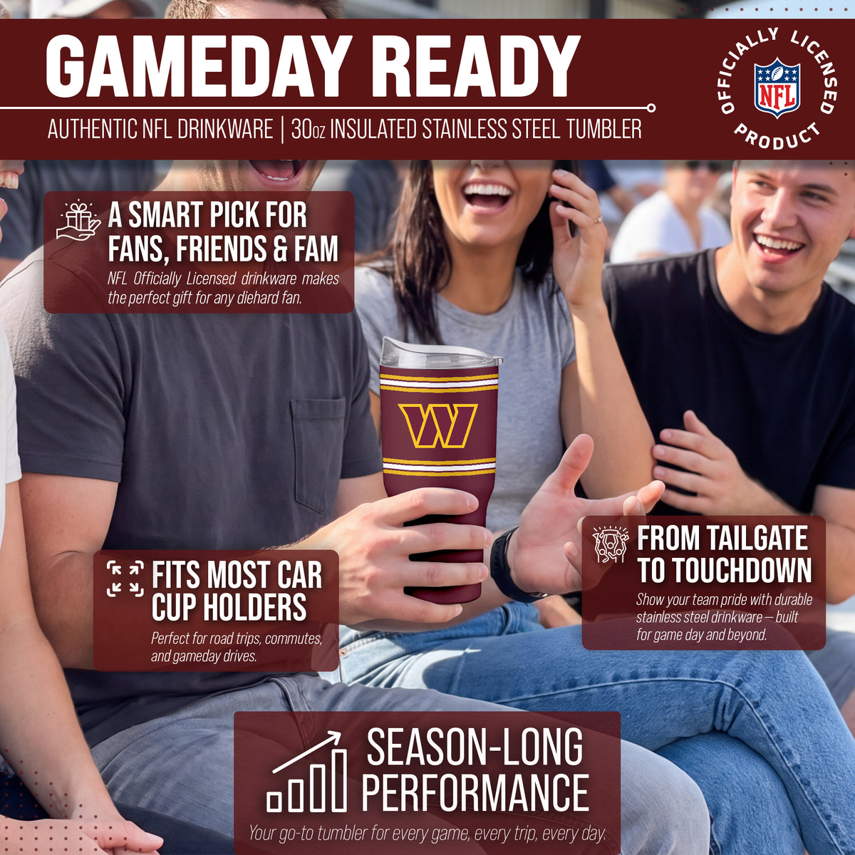 Washington Commanders  30 oz Stripe Powder Coat Tumbler | NFL Stainless - Maroon