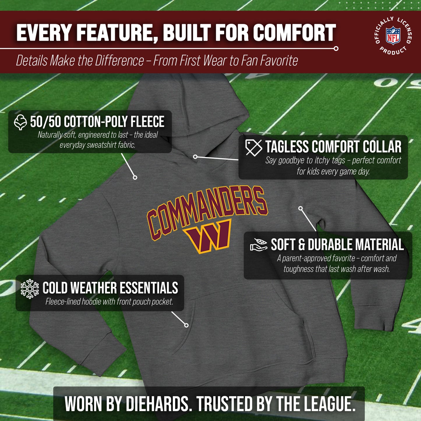 Washington Commanders NFL Youth Home Team Hoodie- Kids Hooded Sweatshirt - Sport Gray