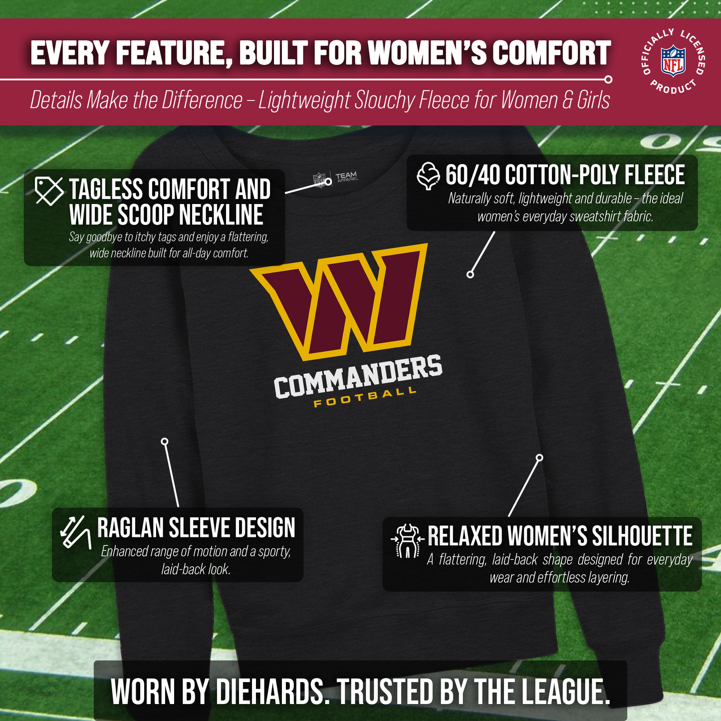 Washington Commanders NFL Womens Ultimate Fan French Terry Slouchy Top- Raglan Sleeves - Charcoal