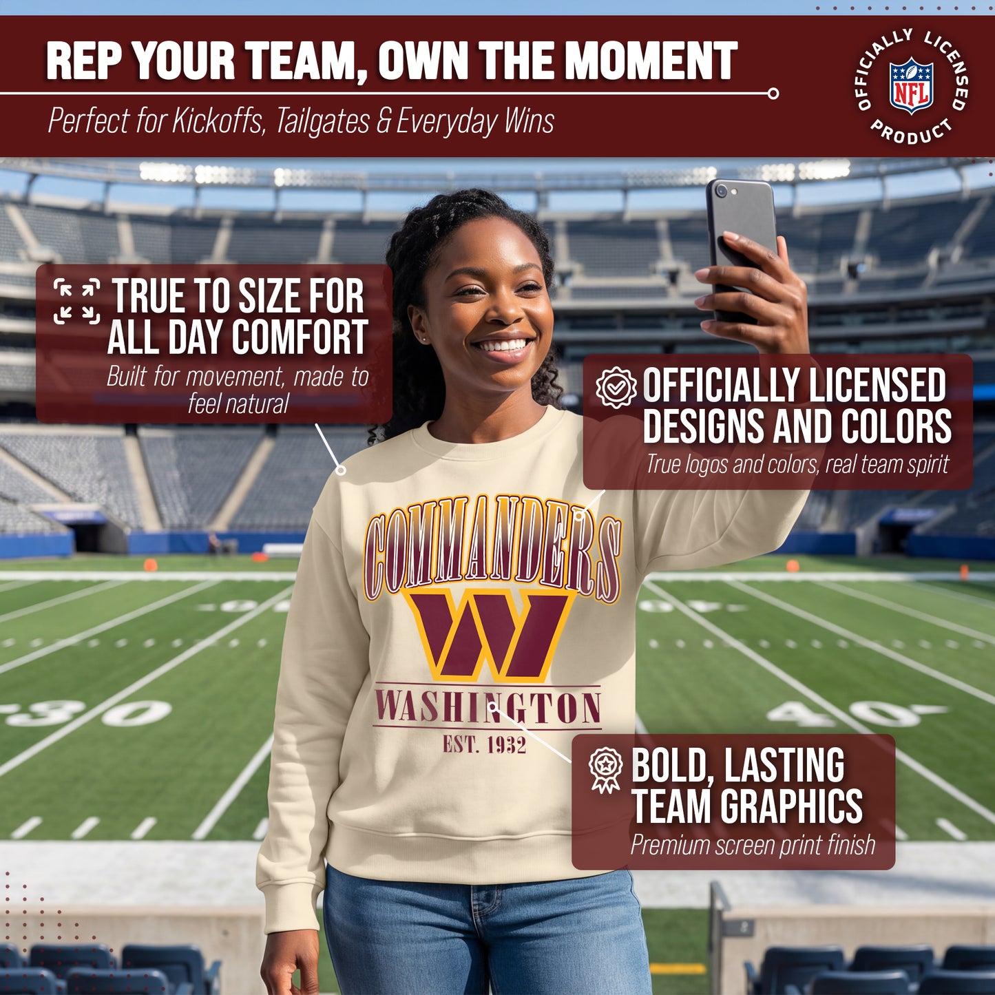 Washington Commanders Womens NFL Starstruck Crewneck Pullover - Cream