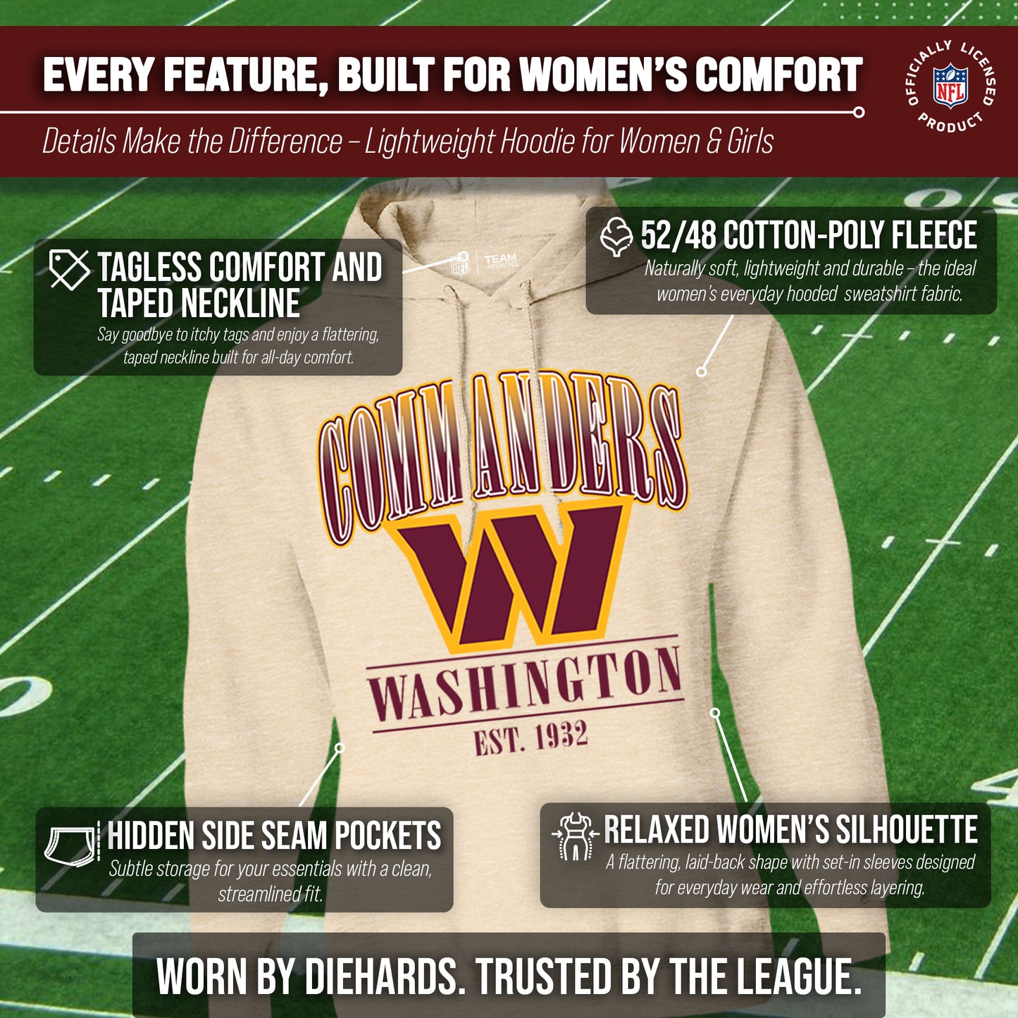 Washington Commanders Ladies NFL Starstruck Fleece Pullover Hooded Sweatshirt - Cream