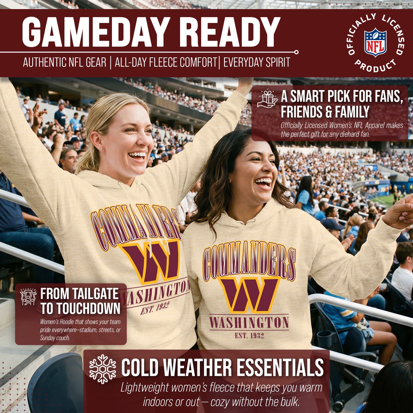 Washington Commanders Ladies NFL Starstruck Fleece Pullover Hooded Sweatshirt - Cream