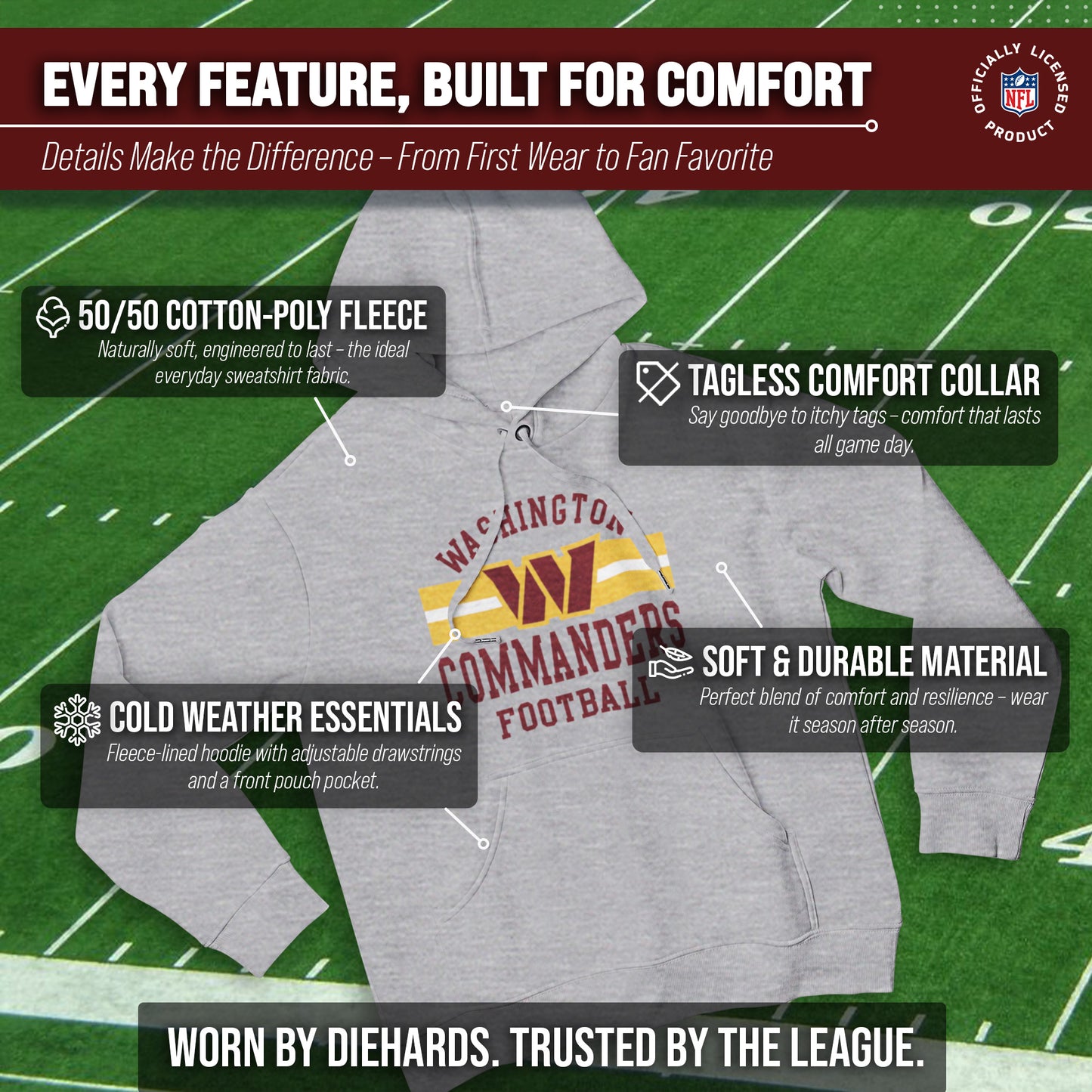 Washington Commanders NFL Team Stripe Hooded Sweatshirt- Soft Pullover Sports Hoodie For Men & Women - Sport Gray