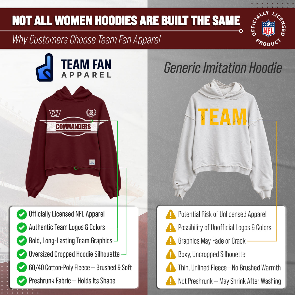 Washington Commanders  NFL Women's Franchise Oversized Crop Hoodie Fleece - Burgundy