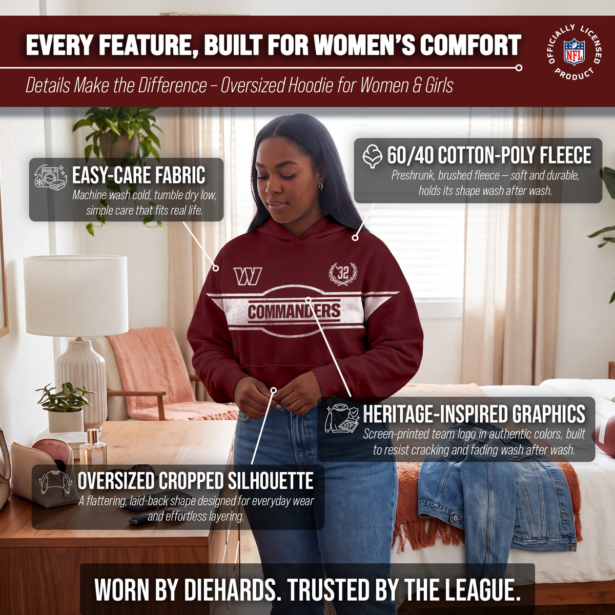 Washington Commanders  NFL Women's Franchise Oversized Crop Hoodie Fleece - Burgundy