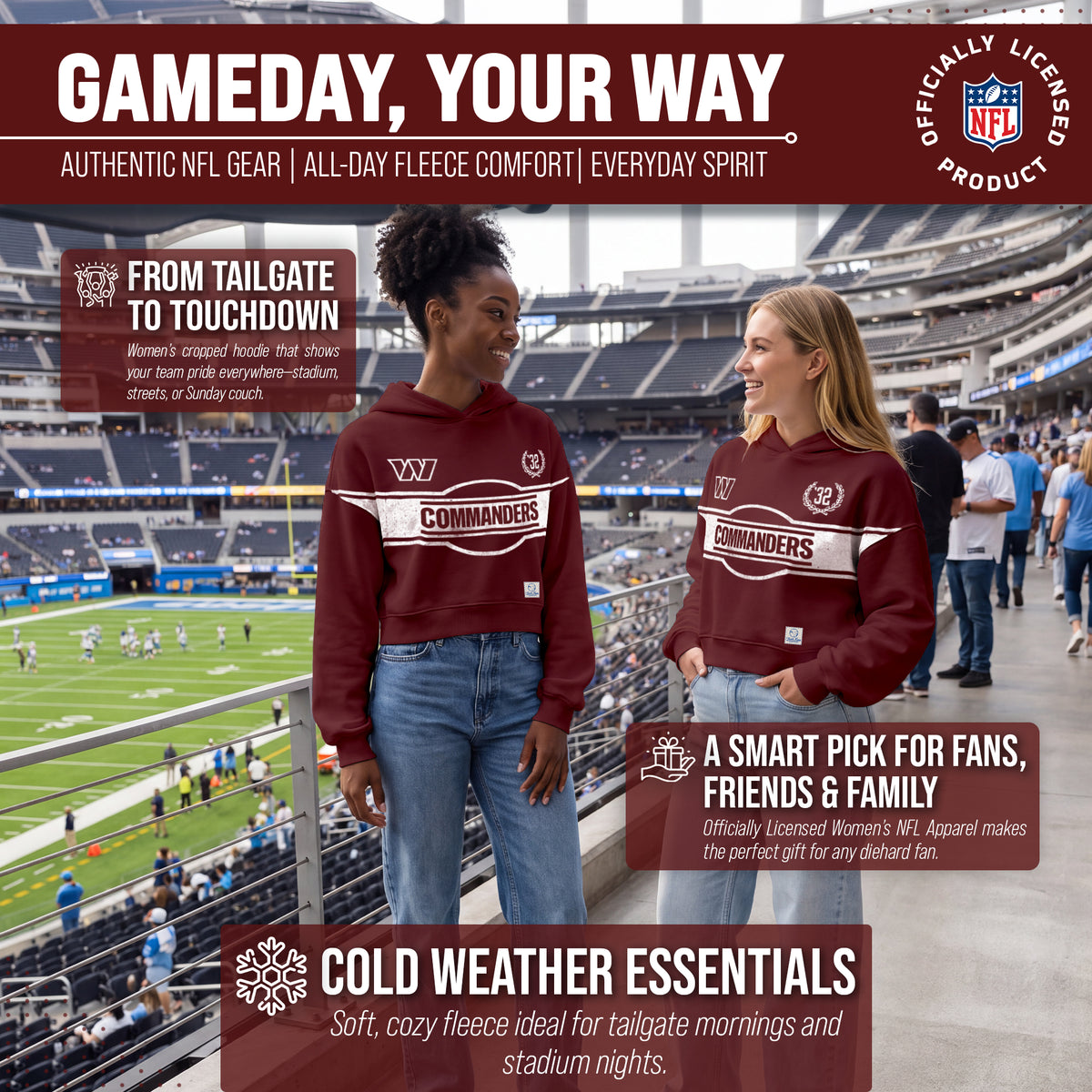 Washington Commanders  NFL Women's Franchise Oversized Crop Hoodie Fleece - Burgundy